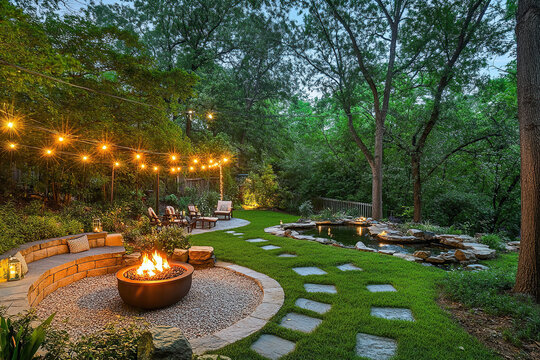 A lovely garden with a fire pit and string lights in the front yard. The patio, seating wall, and comfortable furniture create a peaceful retreat, complete with a stone path, garden lights, and a pond - Powered by Adobe