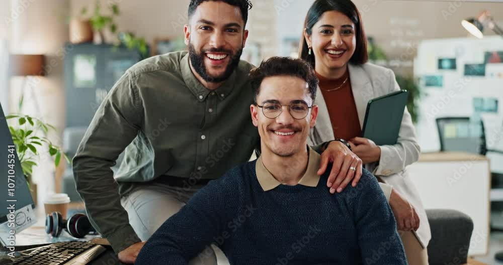 Poster People, employee and smile on portrait for coding, programing and system update as software engineer. About us, office and proud or happiness for innovation project, teamwork and data development