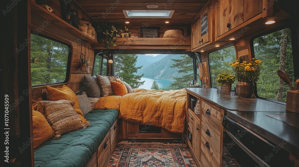 Poster The camper features a warm, inviting interior with a comfortable seating area adorned with pillows, nestled alongside a window that showcases a tranquil lake and forest beyond.