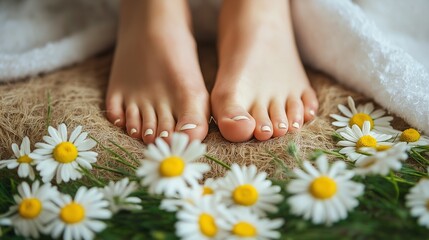 Pedicure spa female feet in spa with flowers