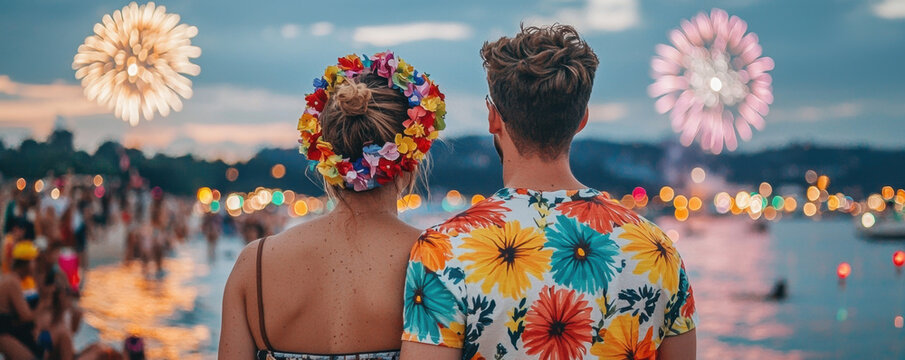 A couple stands together, surrounded by fireworks and a festive atmosphere, radiating love and celebration by the water.