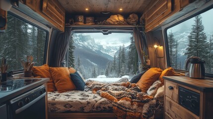 A cozy van interior features a warm bed with blankets and pillows, surrounded by beautiful snowy mountains and tall pine trees, creating a serene atmosphere.