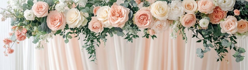 Obraz premium Floral wedding arch with blush roses and greenery, soft pastel draping, elegant and romantic setting