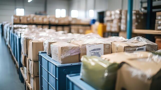 A photograph of returns processing in a dedicated warehouse section, Reverse Logistics, Active and organized