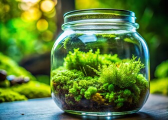 Macro Shot of Lush Green Moss Growing Inside a Glass Jar with High Depth of Field, Showcasing Nature's Intricacies and Textures in a Captivating Indoor Environment