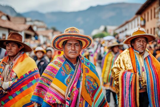 Colorful indigenous procession during Raymi celebration in Peru showcasing traditional attire and vibrant culture