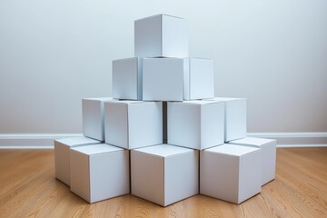 Obraz premium Boxes arranged on a light wooden floor in a minimally decorated room