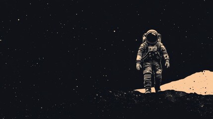 An astronaut stands on a desolate, moon-like surface, looking out at the vast, starry expanse of space.