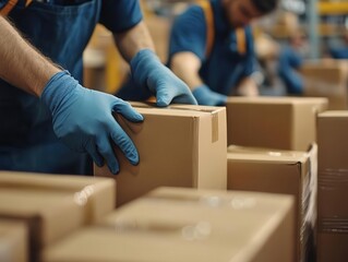 A team of warehouse packers sealing boxes for shipment, Collaboration, Busy and organized