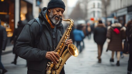 Fototapeta premium A musician playing the saxophone on a busy street