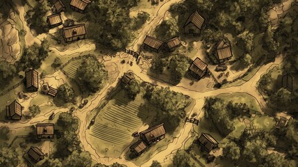 Obraz premium Rural Countryside Estate Houses Buildings Tabletop RPG Map, Fantasy Roleplaying Dungeon Battlemap, Adventure Games Encounters, Farmhouses Farm Town Gaming Design, TTRPG Buildings Architecture Concept