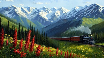   A painting depicts a train on a railroad track surrounded by mountains and wildflowers in the foreground and background, respectively