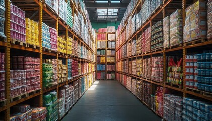 A wideangle shot of pallet racks filled with goods in a warehouse, Storage, Expansive and organized