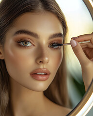 Obraz premium A woman applies mascara to her eyelashes in front of a mirror