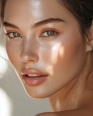 A woman with natural makeup looks at the camera with a soft smile, her skin glowing in the sunlight © Inspire Shots Hub