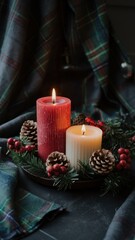 Two candles are lit on a table with pine cones and berries