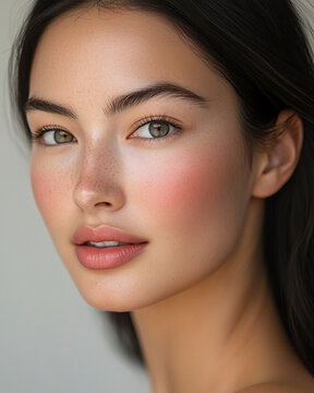 A woman with dark hair and rosy cheeks looks off-camera, highlighting her natural beauty