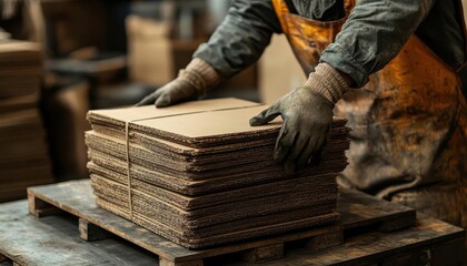 A worker stacking cardboard boxes on pallets, Packing, Detailed and efficient