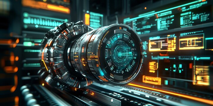 Futuristic Tech Engine Data Streams Digital Interface Orange Teal HUD - Powered by Adobe
