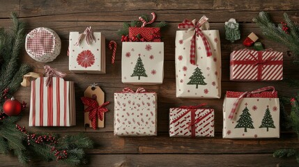 Festive Christmas Gift Boxes on Rustic Wooden Background