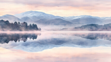 A serene lake with snow-capped mountains in the background, covered in a soft blanket of mist during the golden hour. The reflection of the mountains in the still water creates a mirror-like effect.
