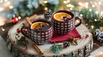 Two cups of hot chocolate with orange slices and cinnamon on a wooden table