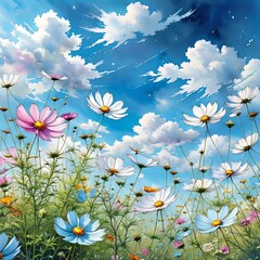 Dynamic scene of wildflowers swaying under expansive blue sky. Colorful petals in soft colorful create harmonious blend, set against dramatic clouds, capturing spirit of spring. For greeting cards.