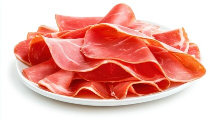   White plates with meat slices sit side by side on white tables