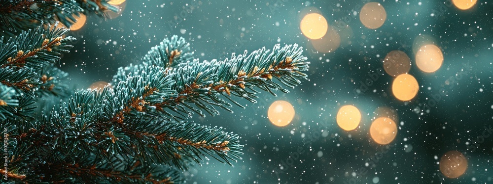 Poster Frosty Pine Branch with Blurred Lights and Falling Snow