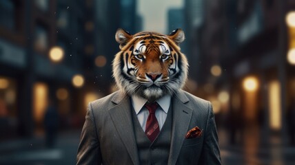 a surreal and humorous scene where a tiger's head is superimposed onto a human body wearing a formal suit.