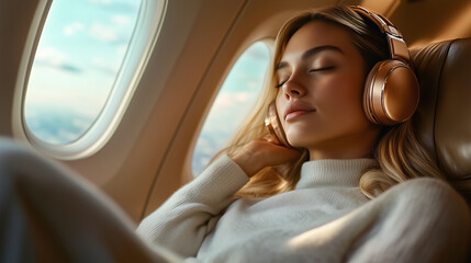 A woman relaxes on a plane flight with luxury golden headphones in a cozy sweater. A woman enjoys a peaceful moment by the illuminator window of the aircraft while listening to music.