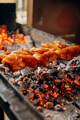 Succulent skewered meat grilling over hot coals, capturing the essence of outdoor barbecue flavor