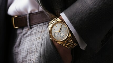 a man in a classic black suit wears a classic gold watch