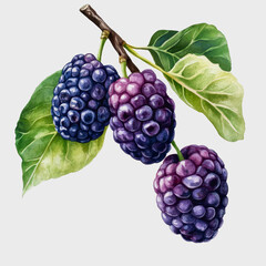 This artwork features a realistic illustration of mulberries with vibrant colors and detailed leaves, perfect for food-related designs or nature themes.