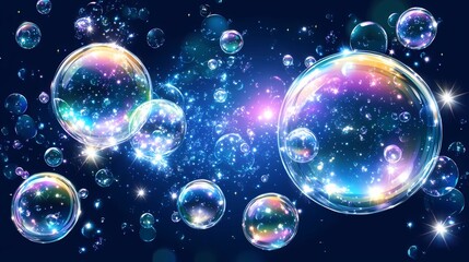 Clusters of iridescent bubbles overlapping, refracting light into pastel hues with soft reflections, creating a whimsical and playful textured background design