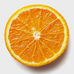 A vibrant and fresh slice of orange on a clean white background. Perfect for showcasing healthy eating, bright flavors, and tropical inspirations.