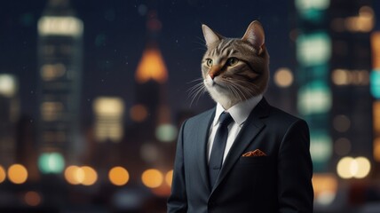 a surreal and humorous scene where a cat's head is superimposed onto a human body wearing a formal suit.