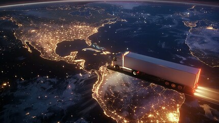 Semi-Truck Traveling Across Illuminated Earth at Night
