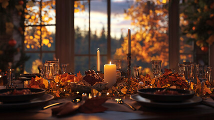 A table is set with autumn leaves and candles, glowing in the warm light of the setting sun through a window