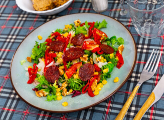 Portion of vegetable salad with dried chorizo sausage is served on plate. Large pieces of china cabbage, lettuce leaf, Bulgarian pepper, corn complement chorizo and make up healthy lunch.
