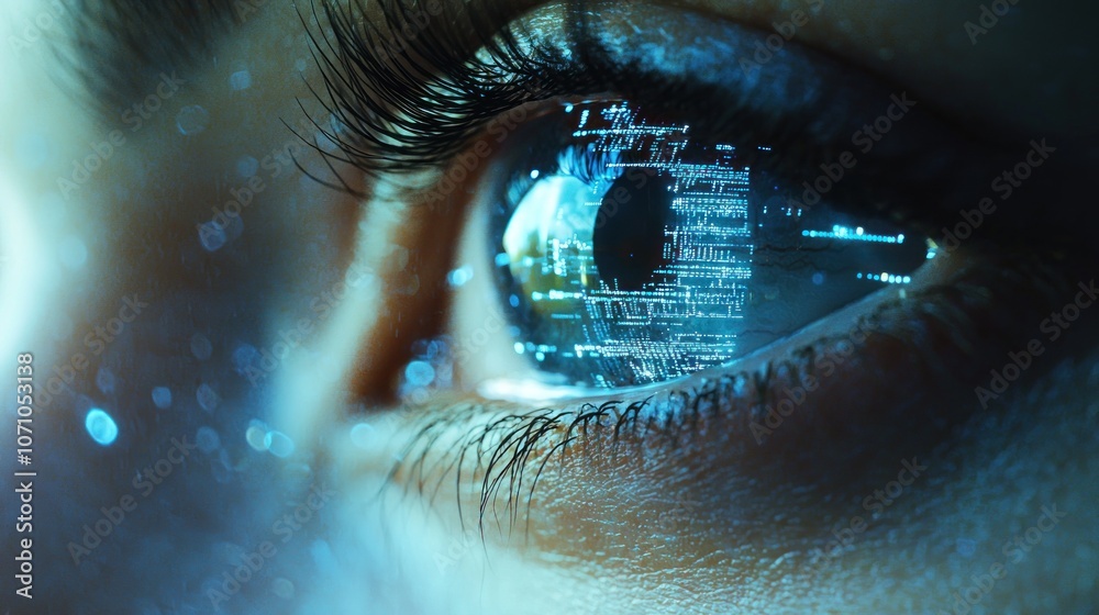 Poster A Close-Up of an Eye with Digital Code Reflected in the Iris
