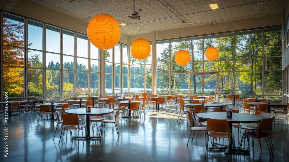 Poster the spacious dining area features modern round tables and bright orange lanterns, with large windows