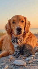 Obraz premium golden retriever and a cat are posing for the camera on a beach