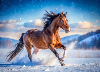 Majestic Horse Galloping Through Snowy Brown Landscape in Winter, Capturing the Essence of Freedom and Speed in a Serene Pasture Setting