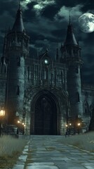 Fototapeta premium gothic castle with turrets and dark stone walls, set against an ominous sky