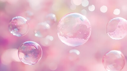 Abstract arrangement of transparent bubbles, soft colors blending harmoniously, capturing light reflections to evoke an ethereal, magical aesthetic for unique backgrounds