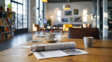 Coffee and a Magazine on a Wooden Table in a Modern Loft