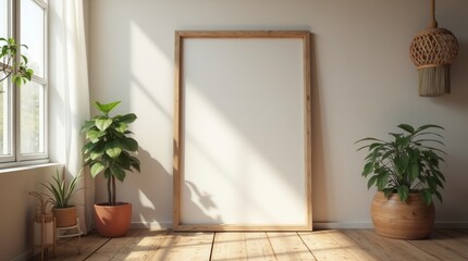 Mockup Frame in Nomadic Boho Interior with Rustic Decor 3D Render Stock Illustration