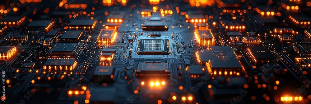 Poster Illuminated Computer Motherboard with Glowing Components