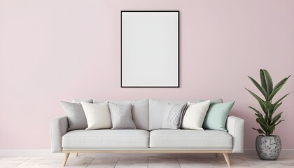 living room The sofa is adorned with three decorative pillows in shades of white, gray, and mint green. Above the sofa, there is a large, vertically oriented rectangular frame with a black border